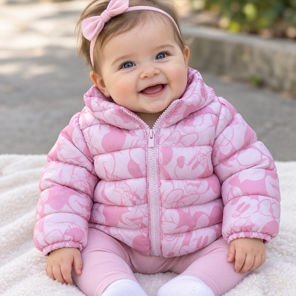 GAP Baby Girl Puffer Coat Jacket Disney Minnie Mouse Pink Size 0-6 Mo. MSRP $98